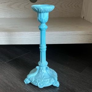 Antique Portieux French Blue Mill Glass Pillar Serpent and Koi Fish Candlestick